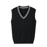Quealent Sweater for Men Sleeveless Pullover Vest Sleeveless Loose Warm Sweater Vest Men Solid Color V-Neck Pullover Waistcoat for Daily Wear Black,XL